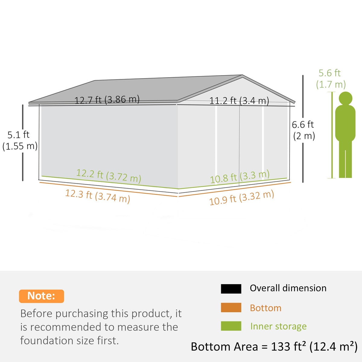 EverBase 11' x 13' Metal Garden Storage Shed with Foundation Kit & Double Doors, Light Grey