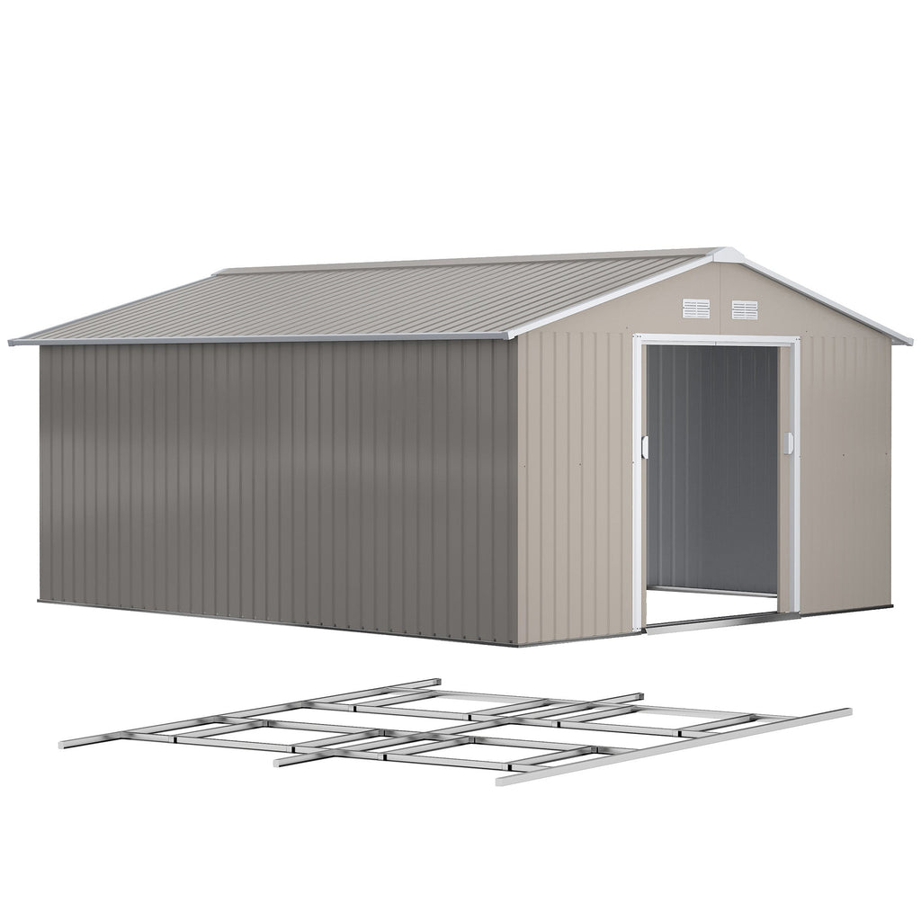 EverBase 11' x 13' Metal Garden Storage Shed with Foundation Kit & Double Doors, Light Grey