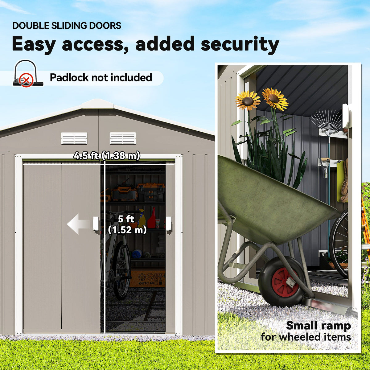 EverBase 11' x 13' Metal Garden Storage Shed with Foundation Kit & Double Doors, Light Grey