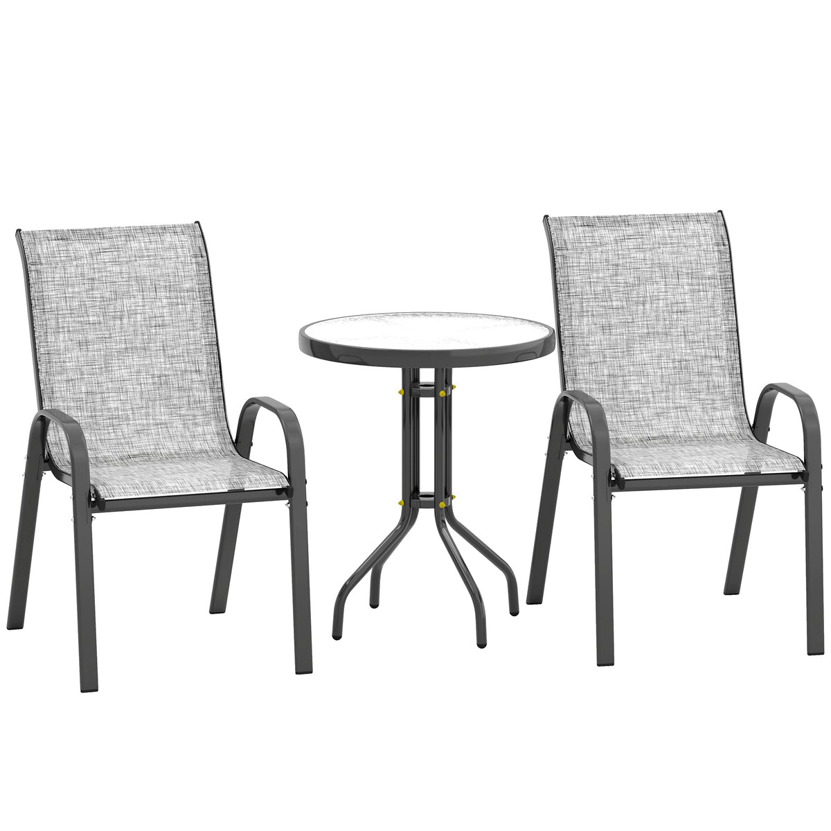 3-Piece Small Patio Set with Stackable Chairs and Glass Tabletop, Gray