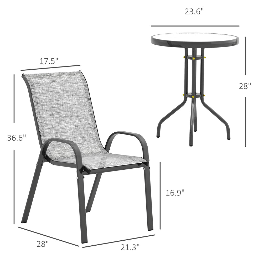 3-Piece Small Patio Set with Stackable Chairs and Glass Tabletop, Gray