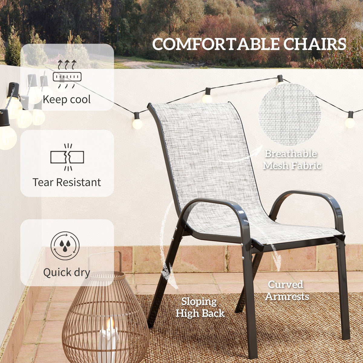 3-Piece Small Patio Set with Stackable Chairs and Glass Tabletop, Gray