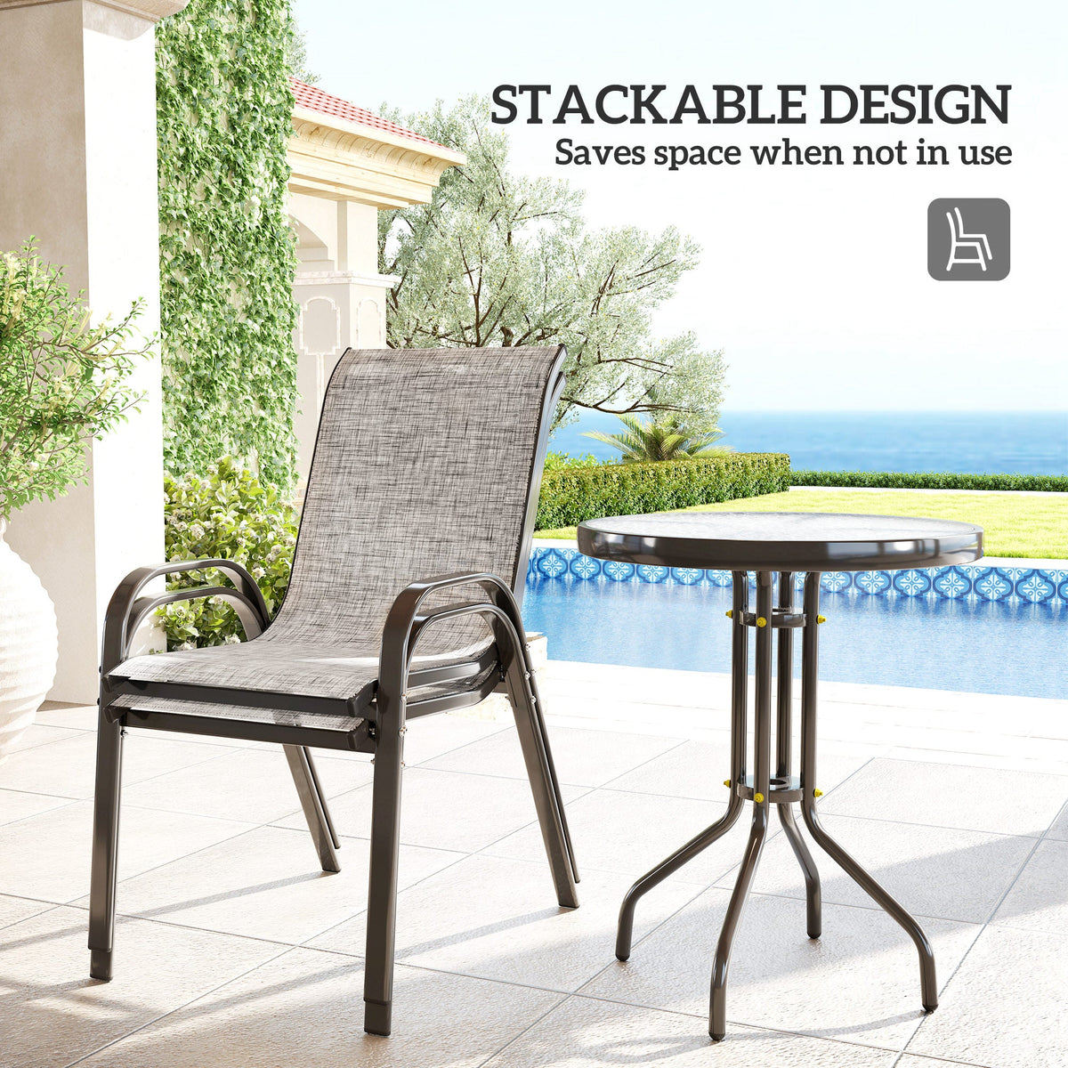 3-Piece Small Patio Set with Stackable Chairs and Glass Tabletop, Gray