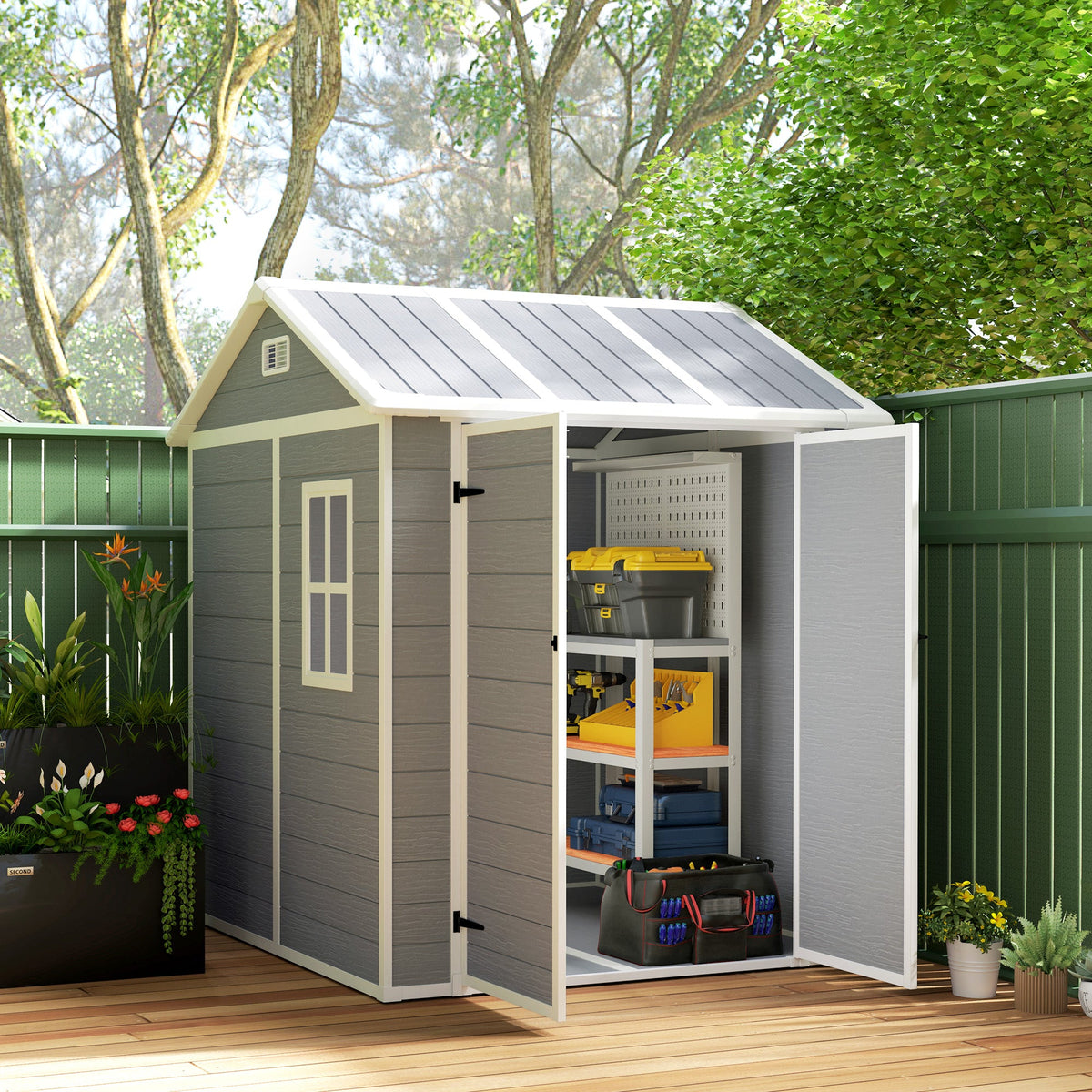 6' x 6' Resin Plastic Outdoor Storage Shed with Floor, Window and Lockable Doors, Grey