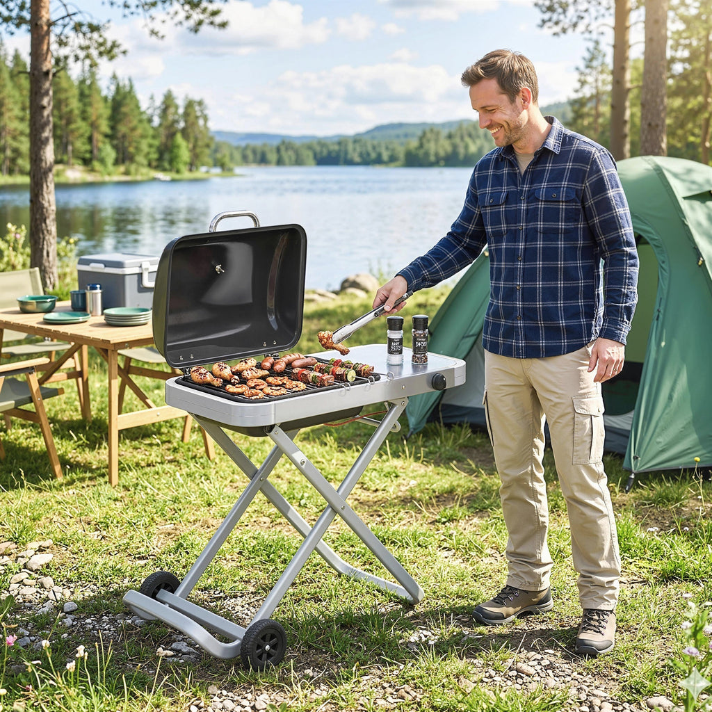 Outsunny Foldable Gas BBQ Grill with Side Table, Portable Gas Barbecue Grill with Thermometer, Grease Box, Wheels, 2.5 kW, Black