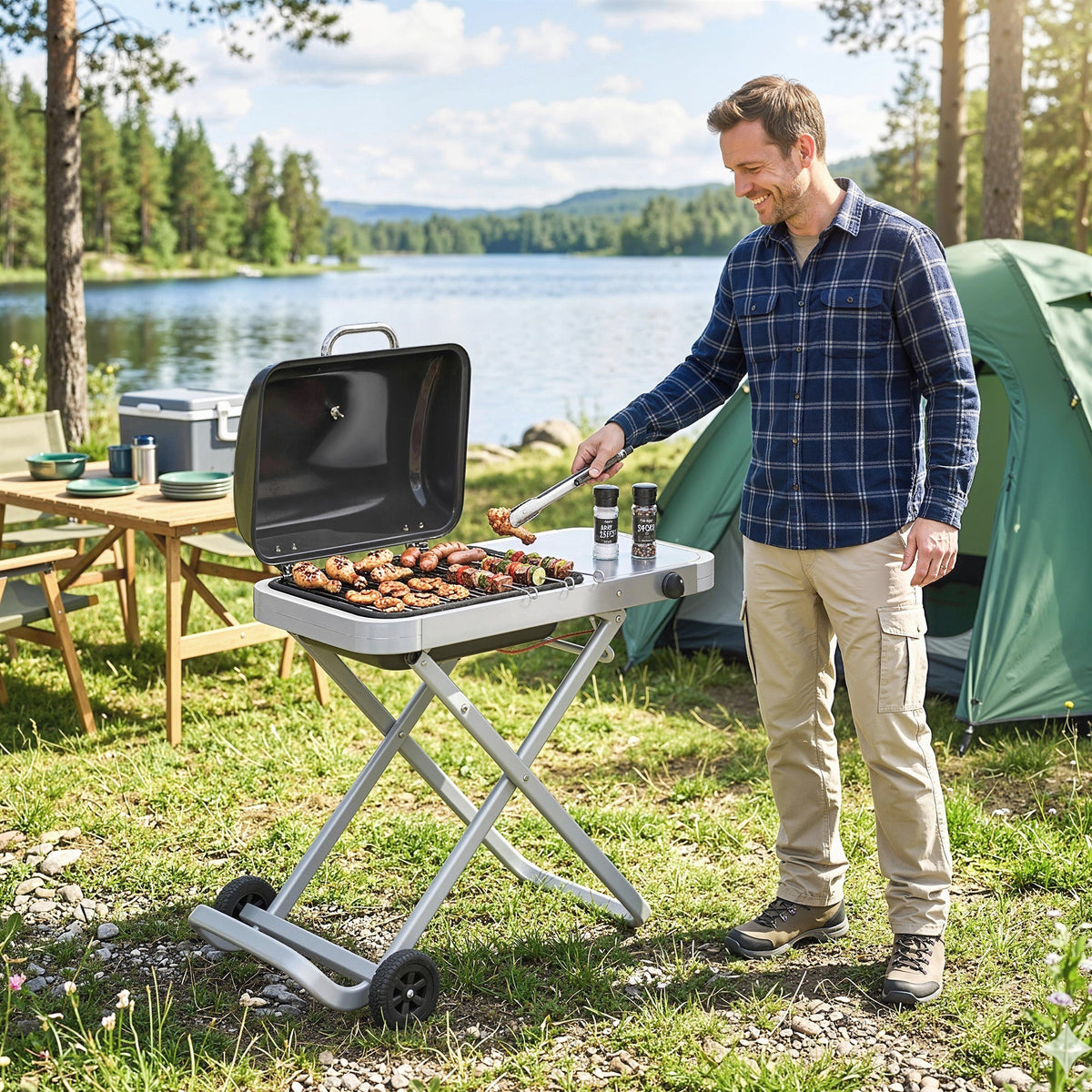 Outsunny Foldable Gas BBQ Grill with Side Table, Portable Gas Barbecue Grill with Thermometer, Grease Box, Wheels, 2.5 kW, Black