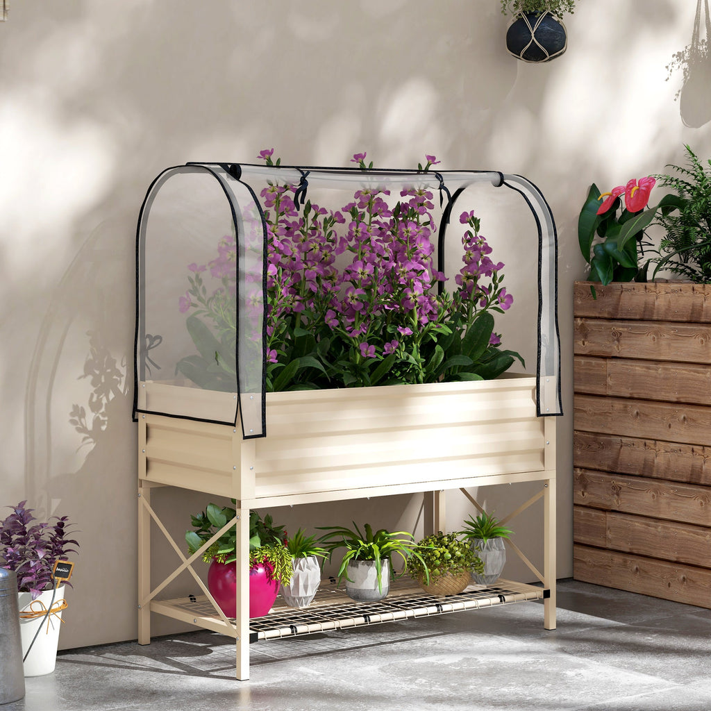 Metal Elevated Garden Bed with Cover & Bottom Shelf for Backyard, 41.75" x 21.25" x 53.25", Cream