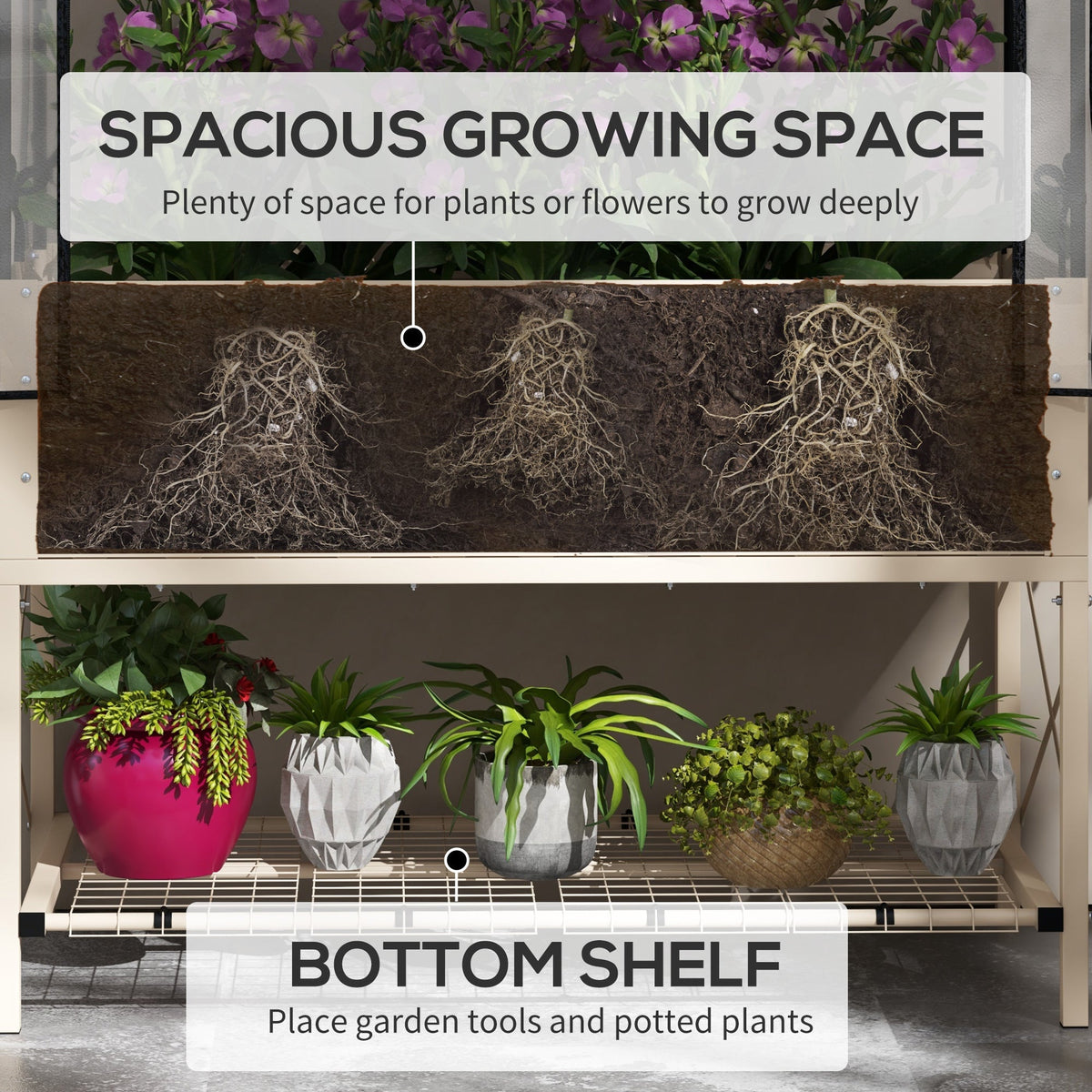 Metal Elevated Garden Bed with Cover & Bottom Shelf for Backyard, 41.75" x 21.25" x 53.25", Cream