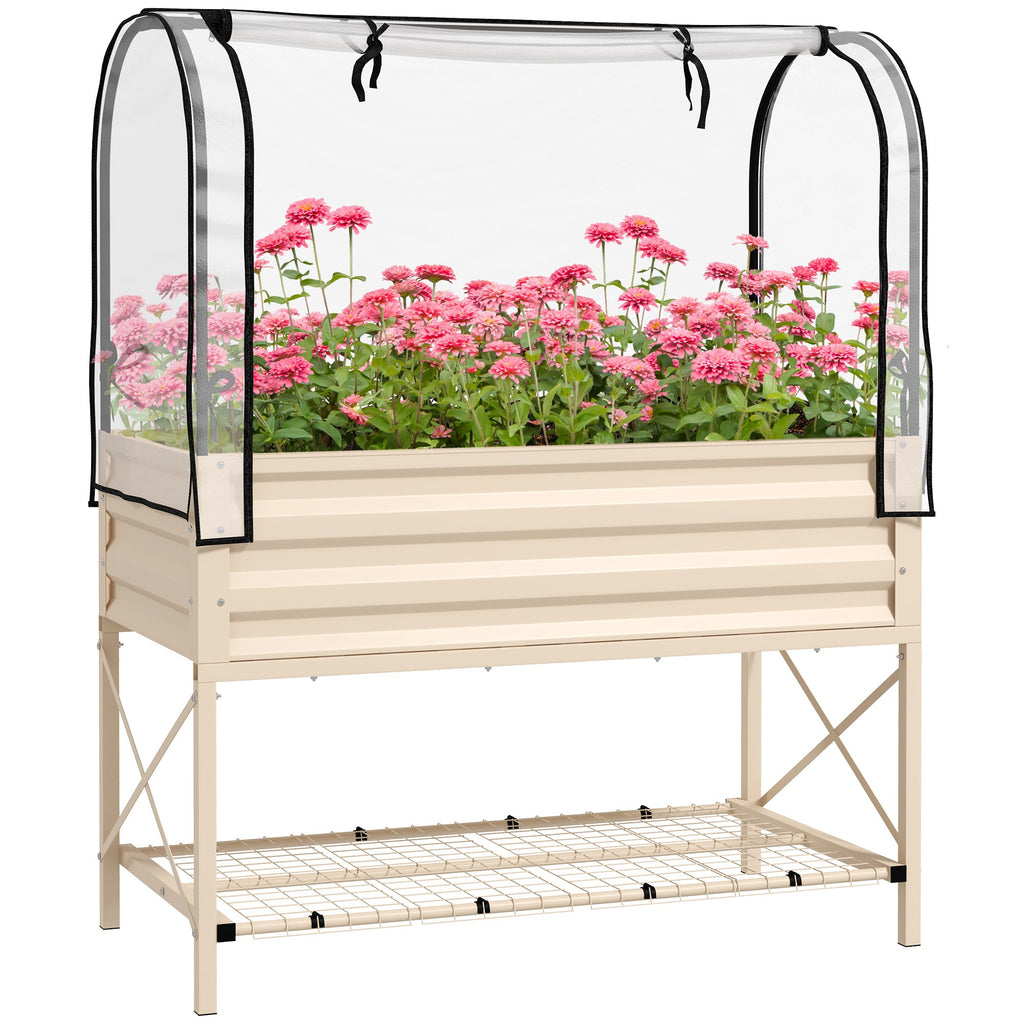 Metal Elevated Garden Bed with Cover & Bottom Shelf for Backyard, 41.75" x 21.25" x 53.25", Cream