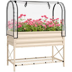 Metal Elevated Garden Bed with Cover & Bottom Shelf for Backyard, 41.75" x 21.25" x 53.25", Cream
