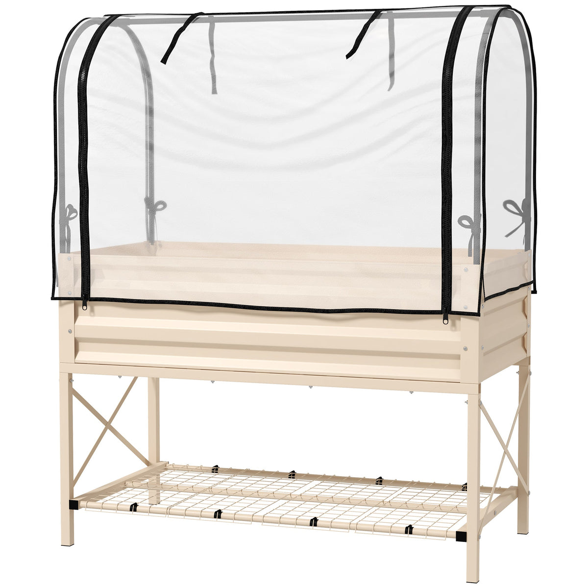 Metal Elevated Garden Bed with Cover & Bottom Shelf for Backyard, 41.75" x 21.25" x 53.25", Cream