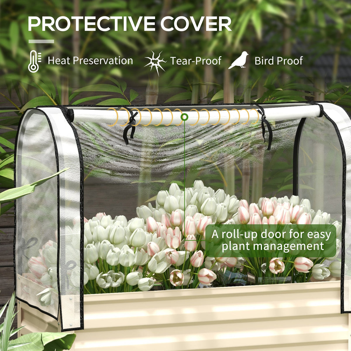 Metal Elevated Garden Bed with Cover & Bottom Shelf for Backyard, 41.75" x 21.25" x 53.25", Cream