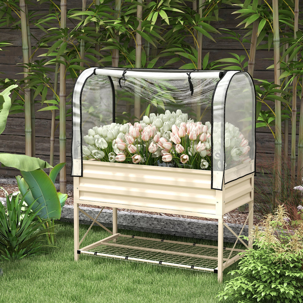Metal Elevated Garden Bed with Cover & Bottom Shelf for Backyard, 41.75" x 21.25" x 53.25", Cream