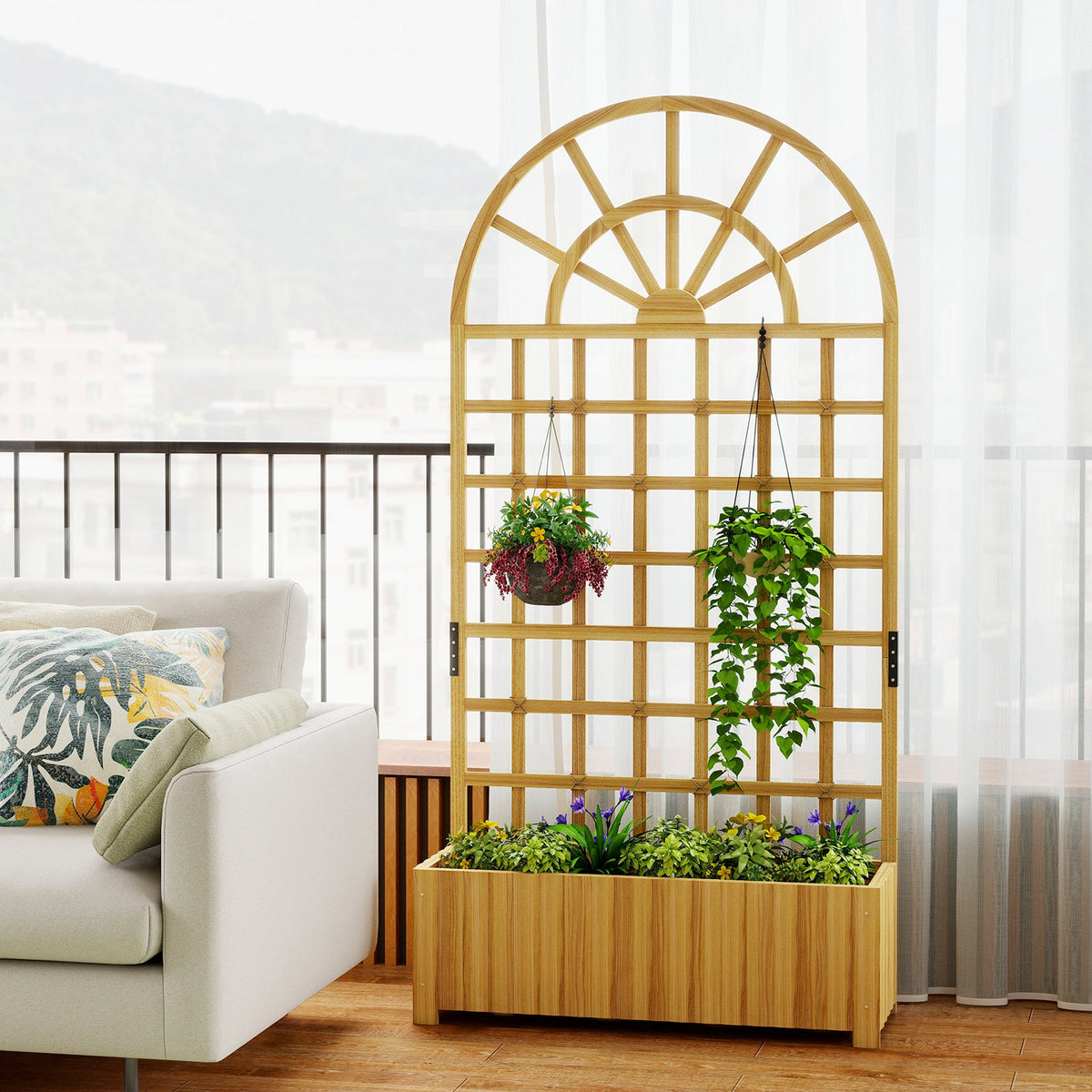 Wooden Raised Planter with Trellis, 90 x 30 x 180 cm