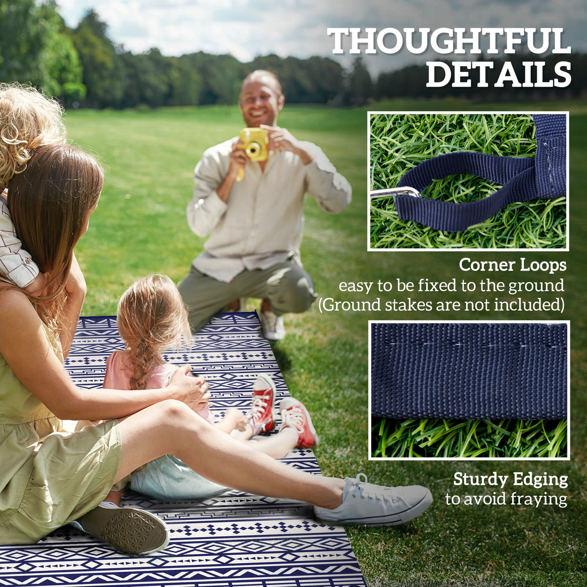 9' x 18' Patio Reversible Outdoor RV Rug with Carry Bag, Geometric Wall, White & Blue