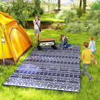 9' x 18' Patio Reversible Outdoor RV Rug with Carry Bag, Geometric Wall, White & Blue