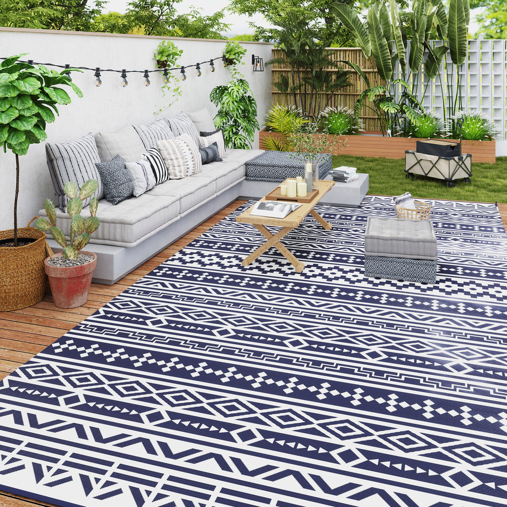 9' x 18' Patio Reversible Outdoor RV Rug with Carry Bag, Geometric Wall, White & Blue