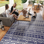 9' x 18' Patio Reversible Outdoor RV Rug with Carry Bag, Geometric Wall, White & Blue