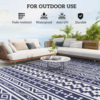 9' x 18' Patio Reversible Outdoor RV Rug with Carry Bag, Geometric Wall, White & Blue
