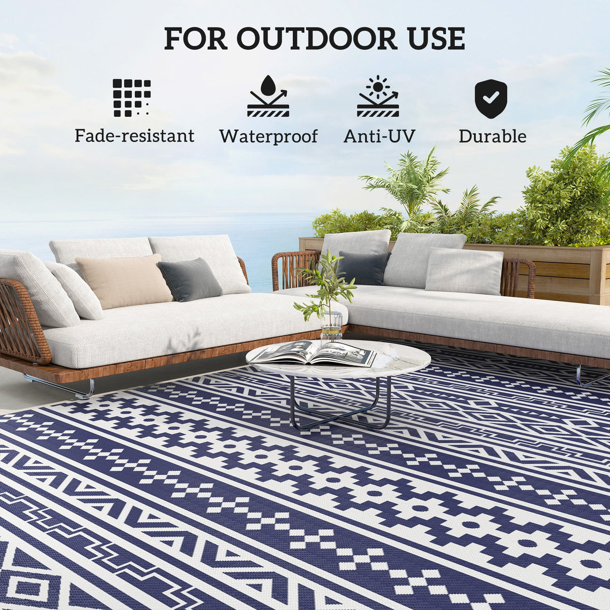 9' x 18' Patio Reversible Outdoor RV Rug with Carry Bag, Geometric Wall, White & Blue