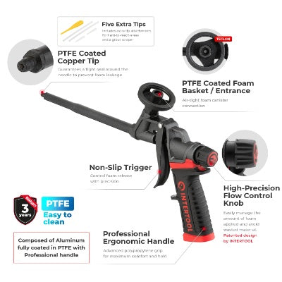 Intertool Storm Foam Dispensing Gun - Fully PTFE Basket &  Needle with 6mm Tip & Ergonomic Handle
