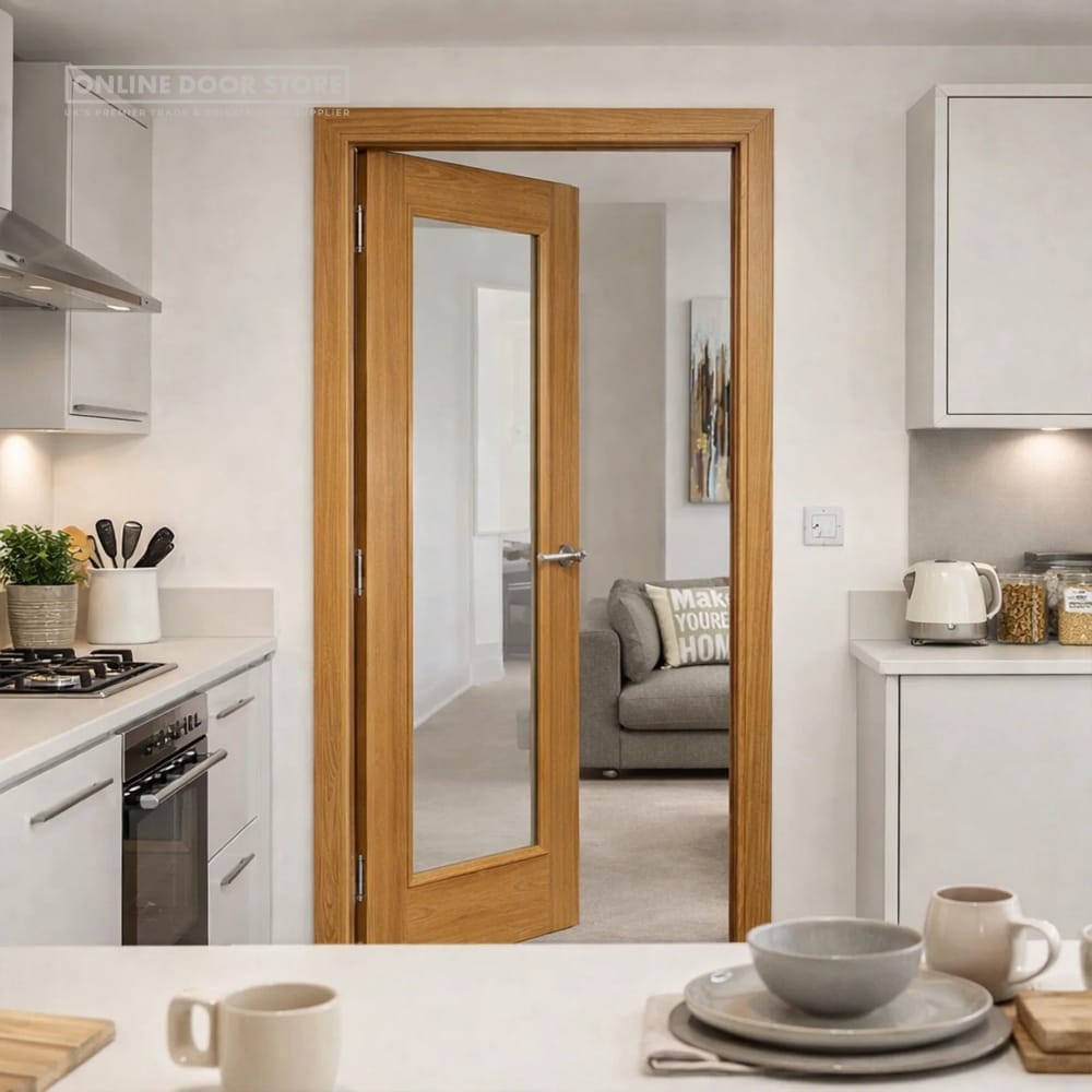 JB Kind Palomino Oak Pre-Finished Glazed Internal Door - All Sizes