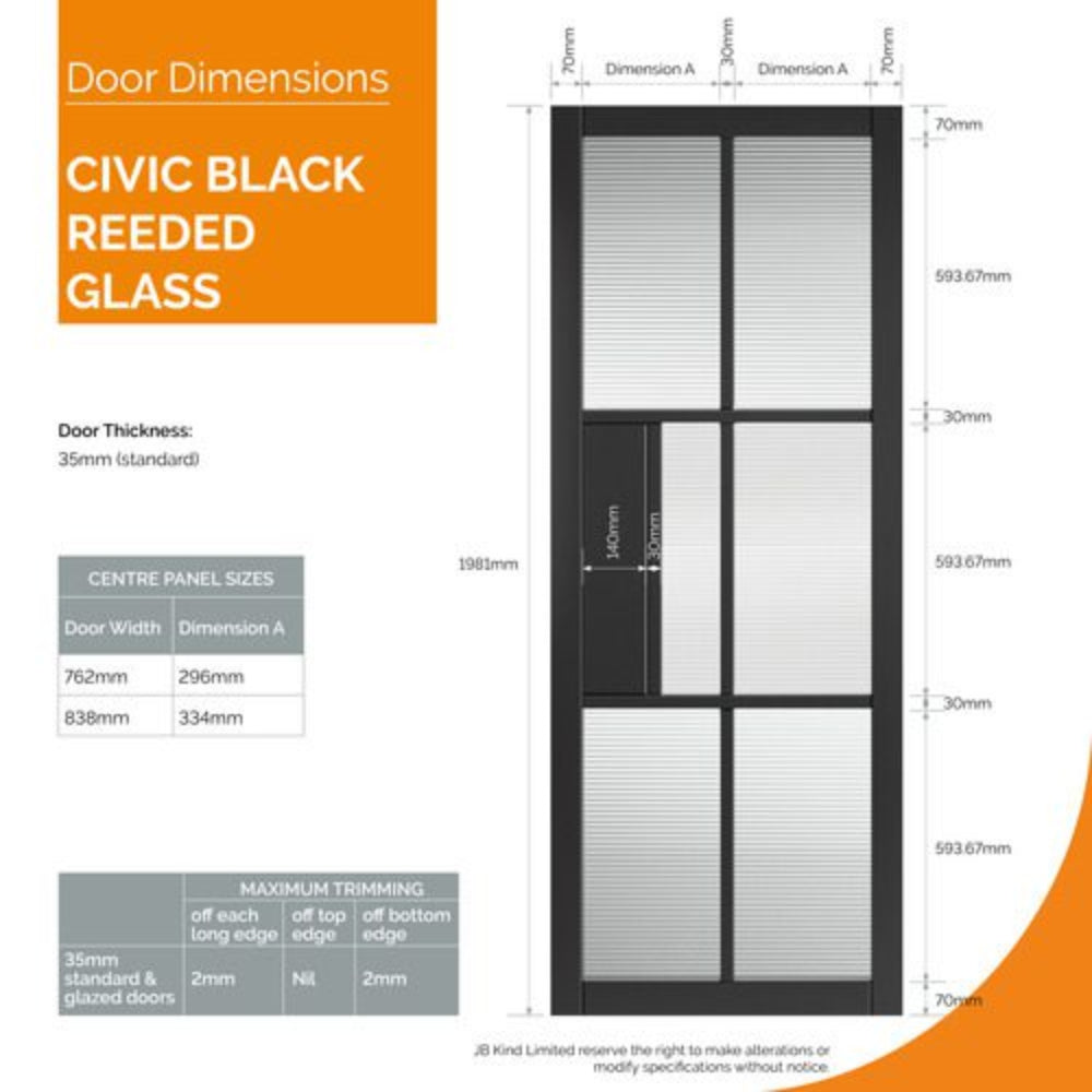 JB Kind Civic Black Reeded Horizontal Glazed Internal Door - All Sizes