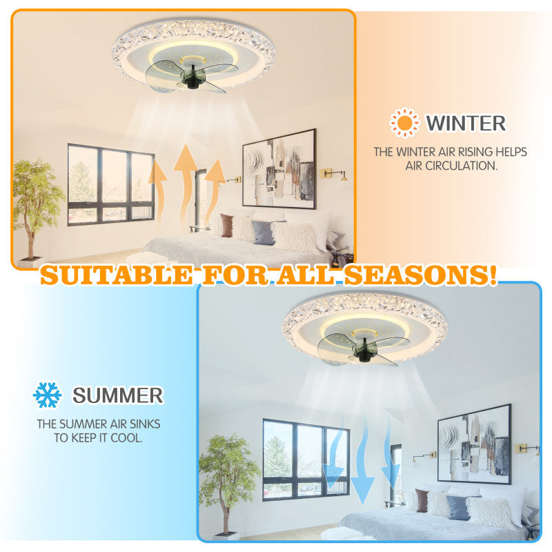 20 Inch Modern Smart Crystal Flush Mount Ceiling Fan with LED Light and Remote, 6 Speeds Reversible Bladeless Low Profile Ceiling Fan