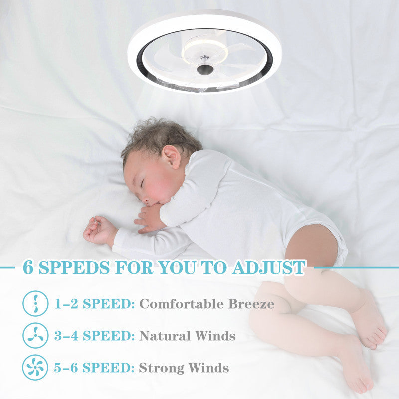 19 Inch Modern Flush Mount Ceiling Fan with LED Light and Remote, 6 Speeds DC Motor Reversible Bladeless Ceiling Fan for Bedroom