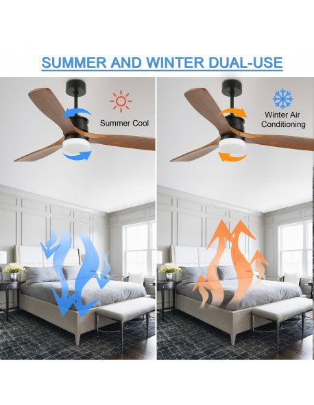52 Inch 3 Wooden Blades Ceiling Fan with Dimmable LED Light and Remote, 6 Speeds DC Motor Reversible Ceiling Fan for Living Room