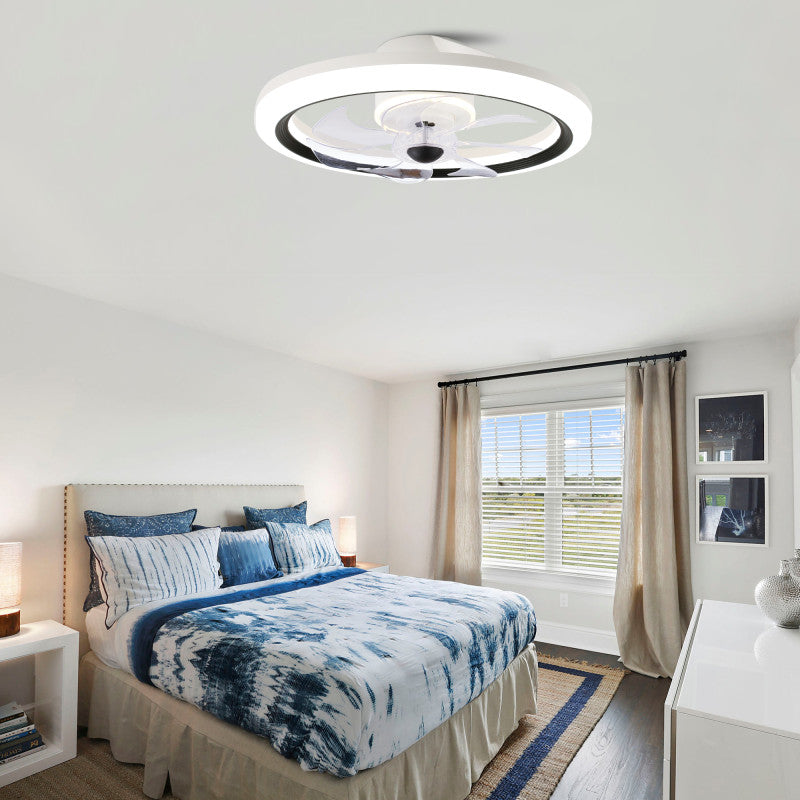 19 Inch Modern Flush Mount Ceiling Fan with LED Light and Remote, 6 Speeds DC Motor Reversible Bladeless Ceiling Fan for Bedroom