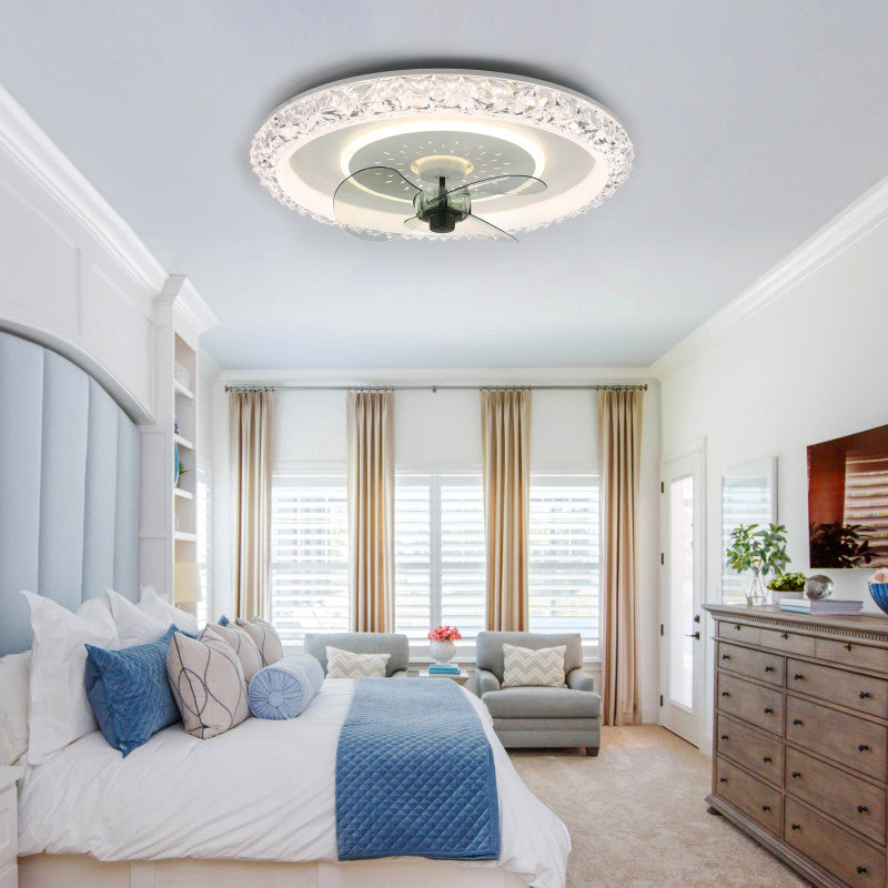 20 Inch Modern Smart Crystal Flush Mount Ceiling Fan with LED Light and Remote, 6 Speeds Reversible Bladeless Low Profile Ceiling Fan