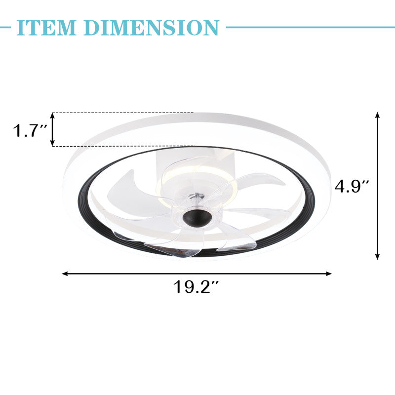 19 Inch Modern Flush Mount Ceiling Fan with LED Light and Remote, 6 Speeds DC Motor Reversible Bladeless Ceiling Fan for Bedroom