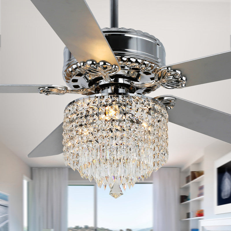 52 Inch Chrome Glam Crystal Ceiling Fan with Lights and Remote, 6 Speeds DC Motor Reversible Chandelier Ceiling Fan with Crystals