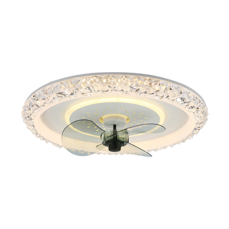 20 Inch Modern Smart Crystal Flush Mount Ceiling Fan with LED Light and Remote, 6 Speeds Reversible Bladeless Low Profile Ceiling Fan