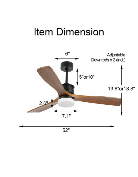 52 Inch 3 Wooden Blades Ceiling Fan with Dimmable LED Light and Remote, 6 Speeds DC Motor Reversible Ceiling Fan for Living Room
