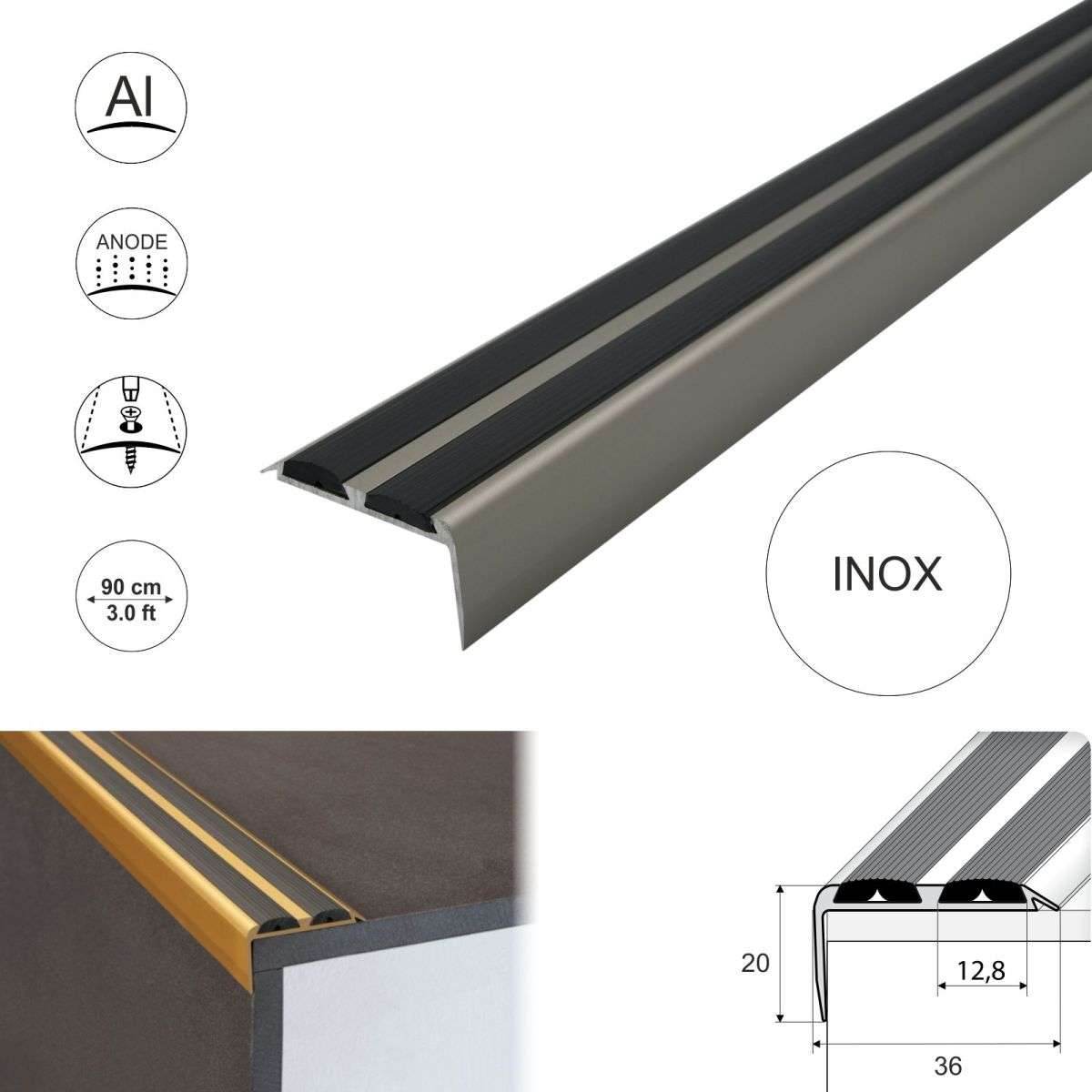 15 Pack Inox A37 0.9m x 36mm x 20mm Screw Fit Anodised Aluminium Non Slip Stair Nosing With Black Rubber - Cayrus World of Finishing