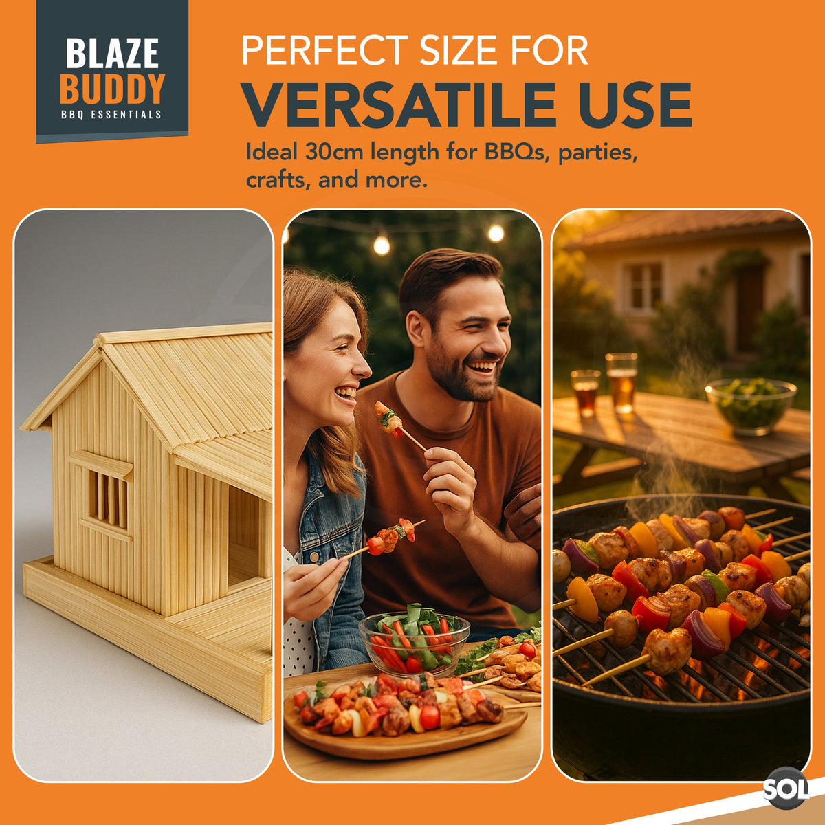 Bamboo Skewers 30cm BBQ Kebab Fondue Grill Wooden Sticks | 200 Pack