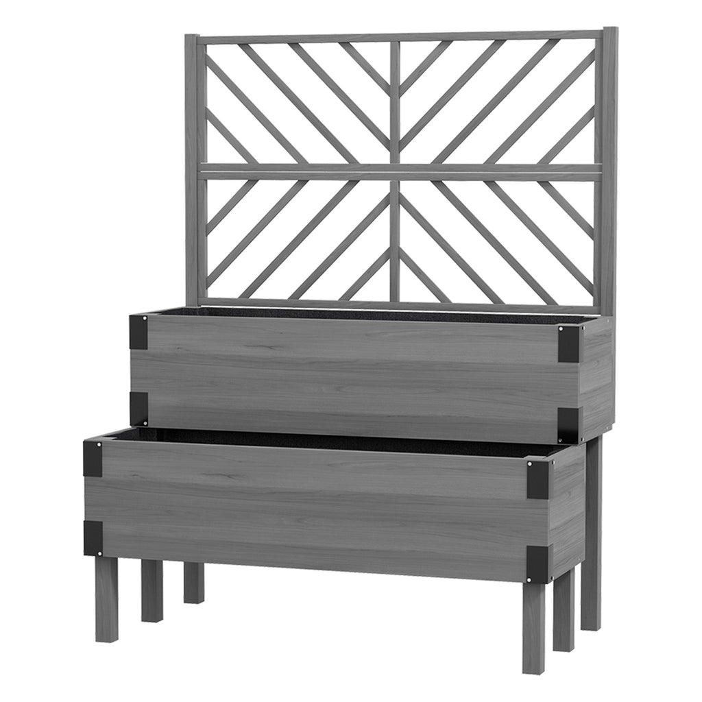 2-Tier Raised Garden Bed with Trellis & Metal Corners, Grey