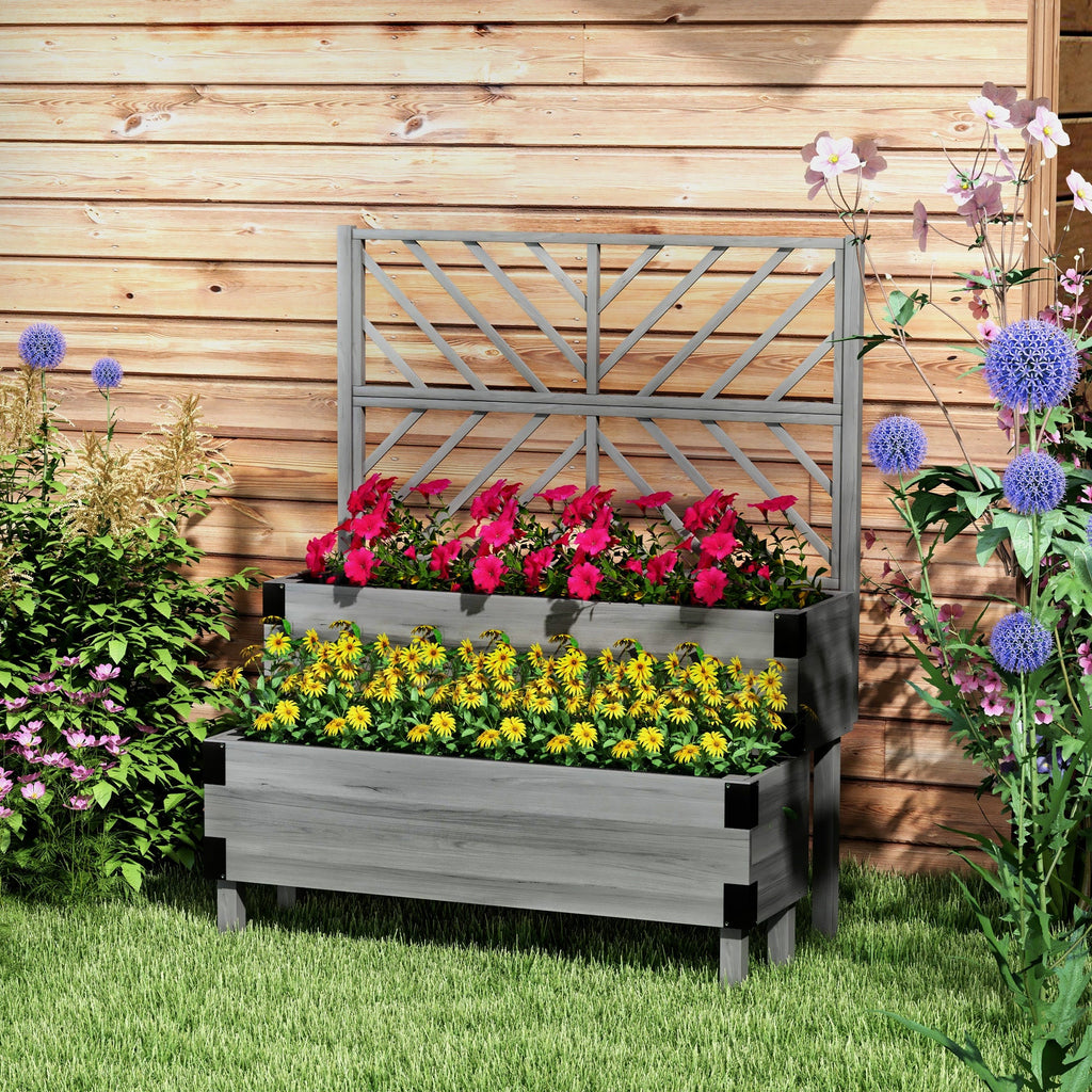 2-Tier Raised Garden Bed with Trellis & Metal Corners, Grey