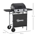 Outsunny 2 Burner Gas BBQ Trolley with Lid, 5.6 kW Gas Barbecue Grill with Wheels, Side Shelves, Grey