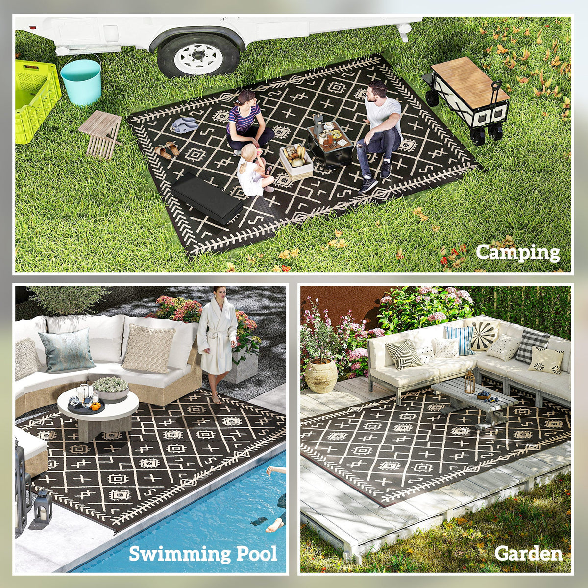 9' x 12' Reversible Outdoor Rug, Waterproof Plastic Straw with Carry Bag, Black & Beige Rhombus