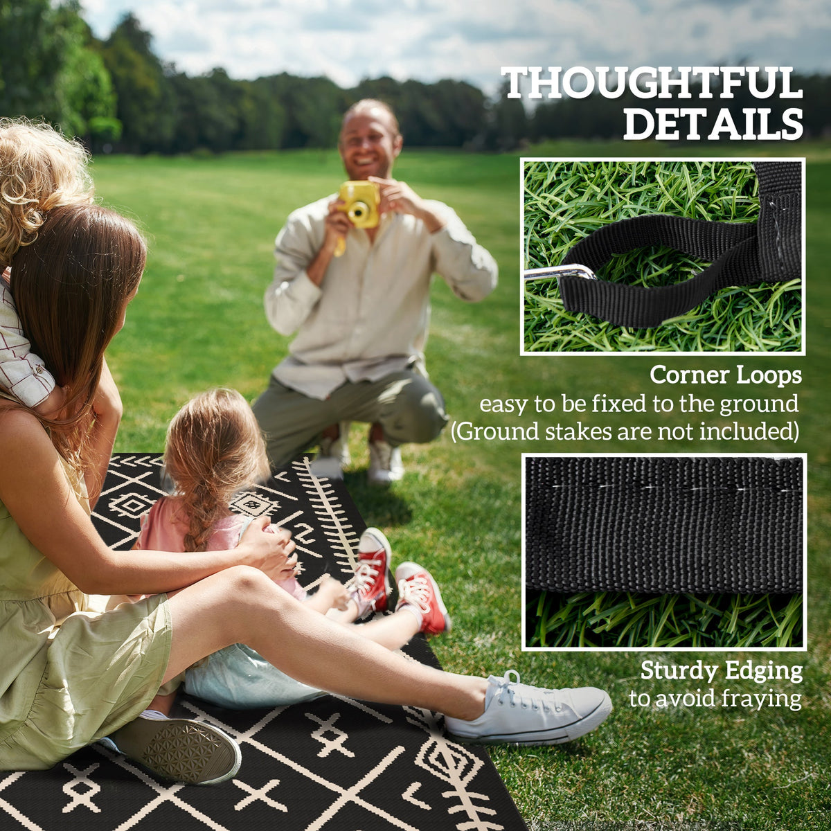 9' x 12' Reversible Outdoor Rug, Waterproof Plastic Straw with Carry Bag, Black & Beige Rhombus