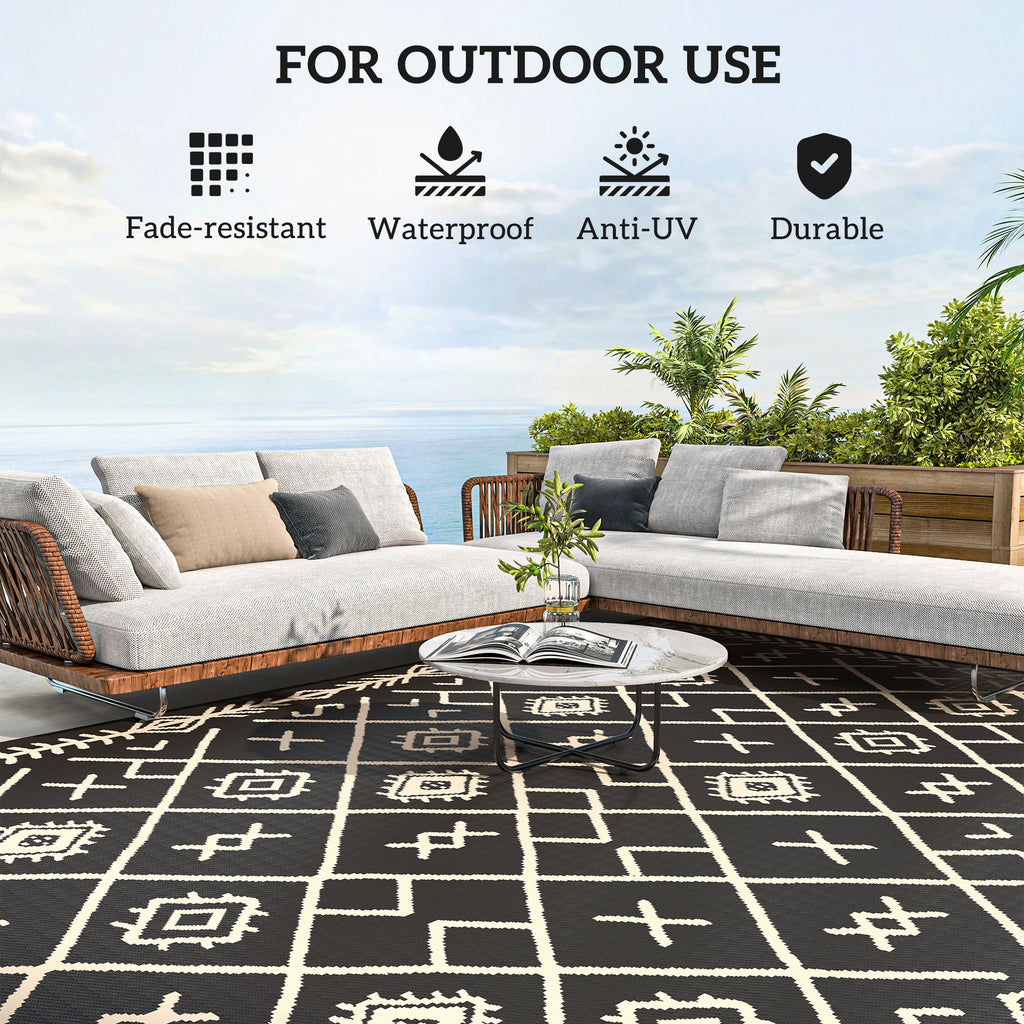 9' x 12' Reversible Outdoor Rug, Waterproof Plastic Straw with Carry Bag, Black & Beige Rhombus