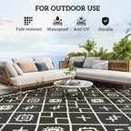 9' x 12' Reversible Outdoor Rug, Waterproof Plastic Straw with Carry Bag, Black & Beige Rhombus