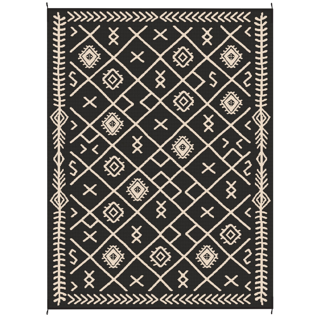 9' x 12' Reversible Outdoor Rug, Waterproof Plastic Straw with Carry Bag, Black & Beige Rhombus