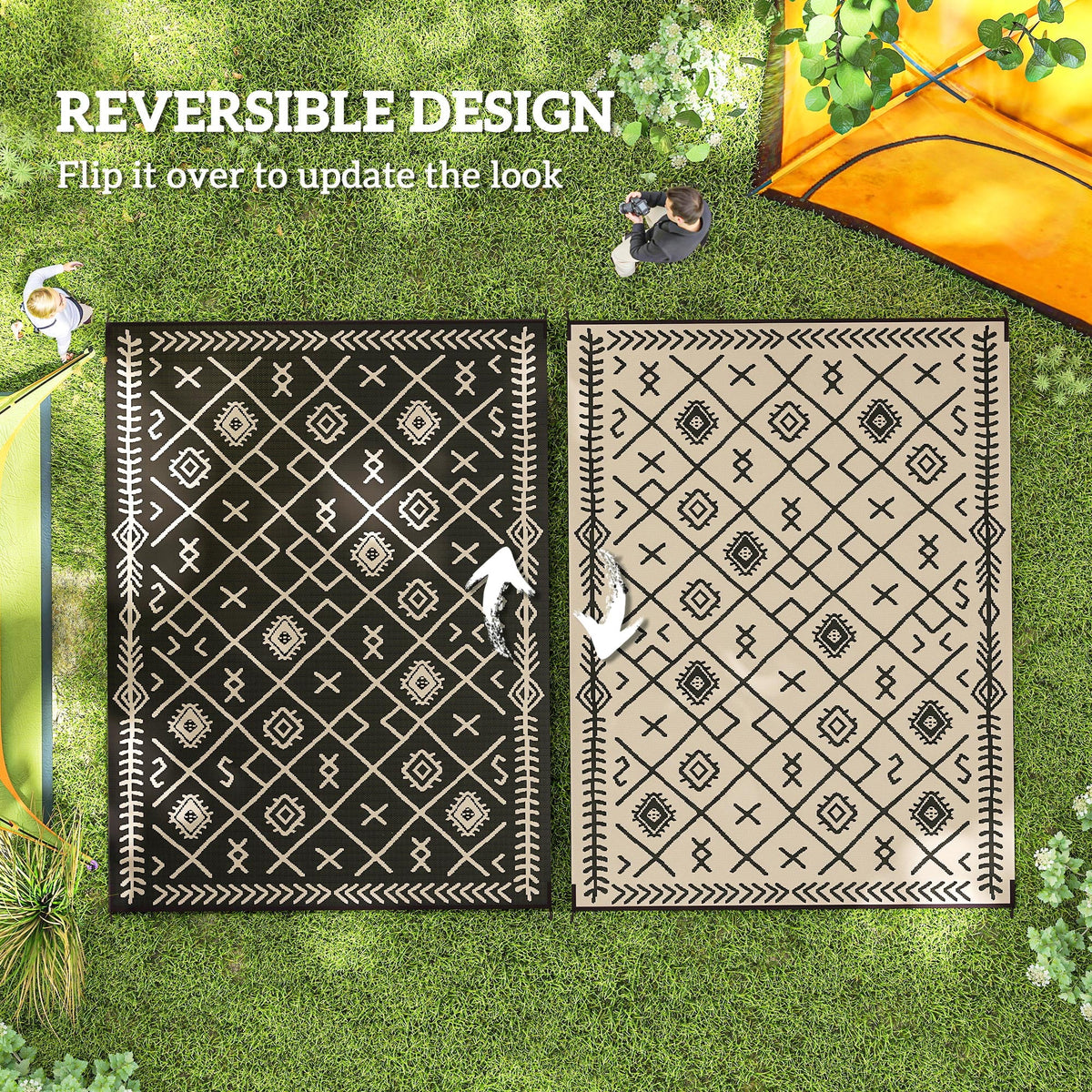 9' x 12' Reversible Outdoor Rug, Waterproof Plastic Straw with Carry Bag, Black & Beige Rhombus