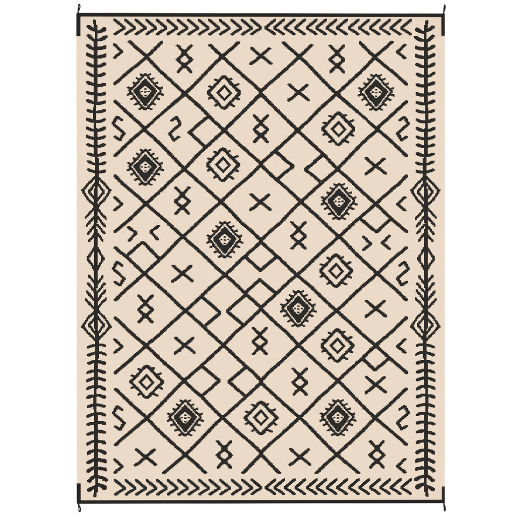 9' x 12' Reversible Outdoor Rug, Waterproof Plastic Straw with Carry Bag, Black & Beige Rhombus