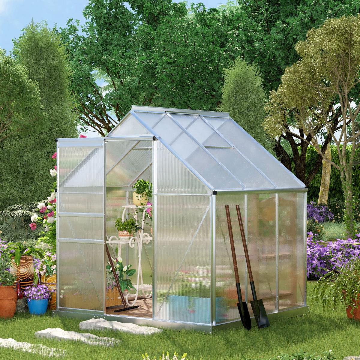 6' x 6' x 6.5' Polycarbonate Greenhouse with Adjustable Roof Vent & Sliding Door, Clear