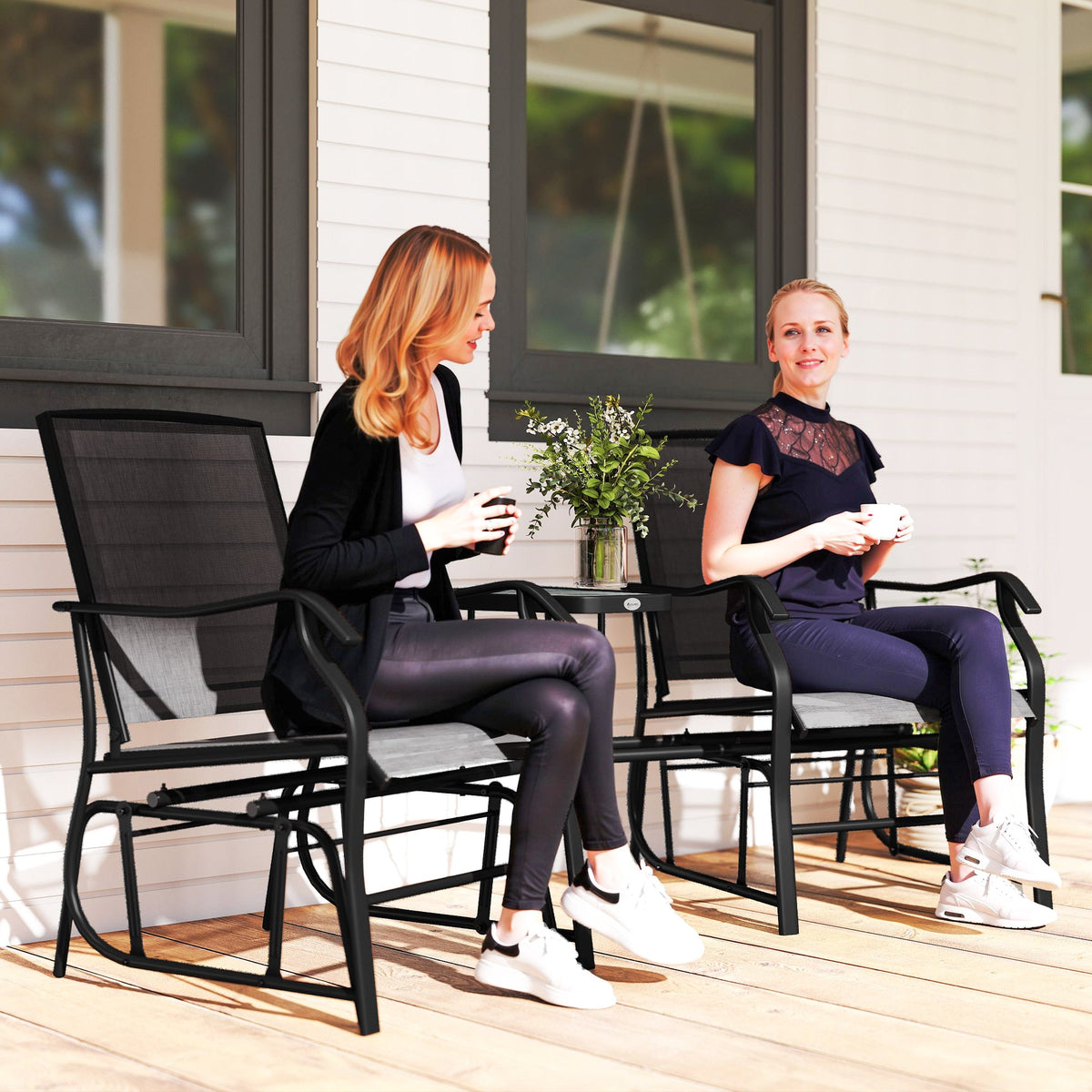Double Patio Glider Chair with Glass Top Center Table, All Weather Breathable Mesh Fabric, Black